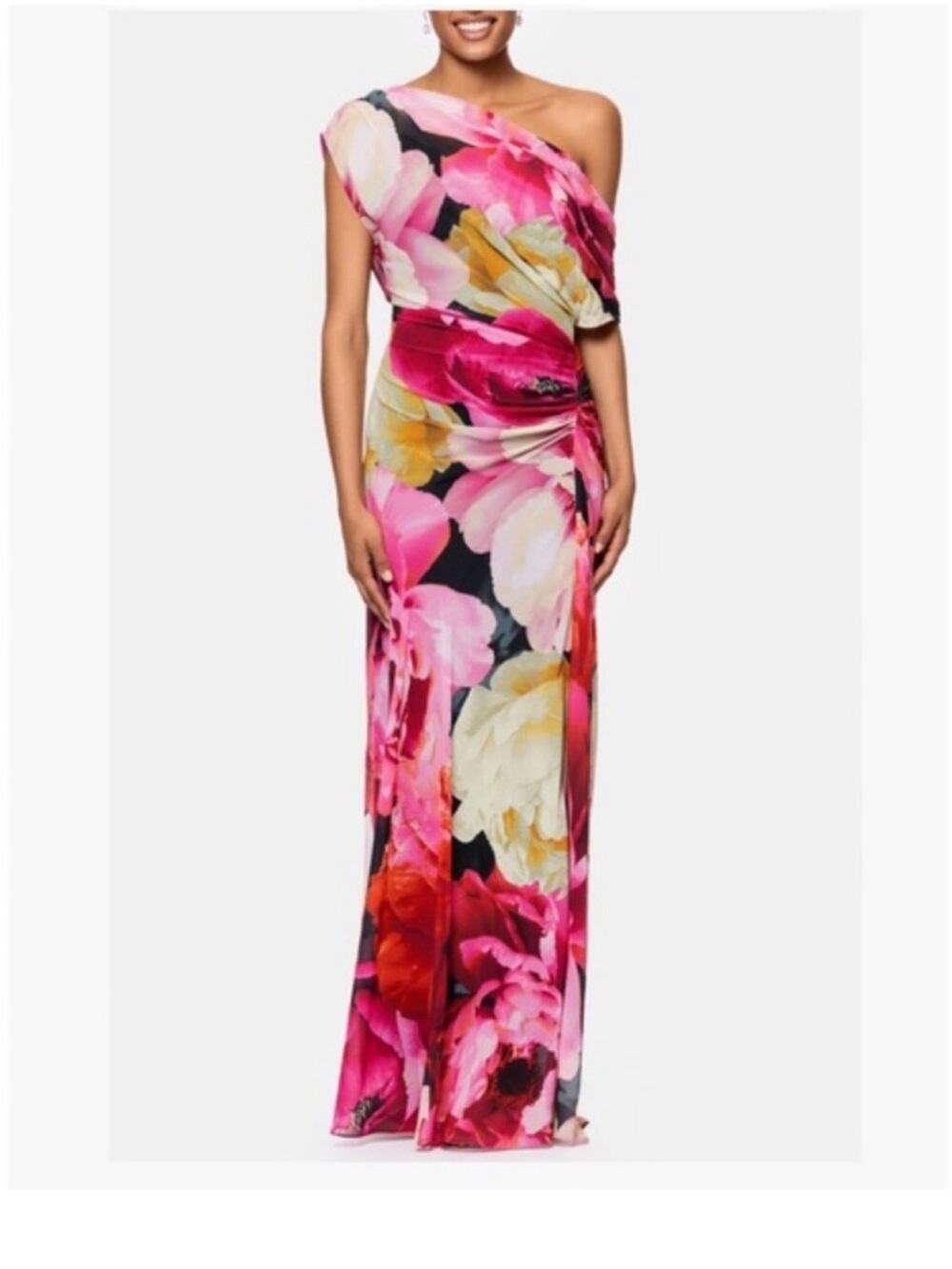 Betsy & Adam Floral One Shoulder Maxi Gown Pink Size 8
